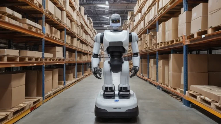 Mitarbeiter in einer Fabrik, der mit einem Roboter zusammenarbeitet