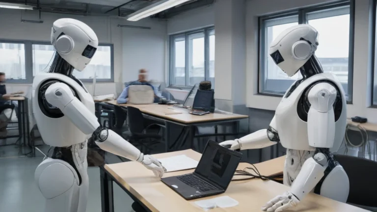 uczniowie uczą się programowania robota w klasie technicznej